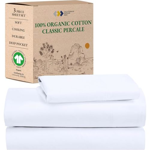 California Design Den Twin Sheets Set, Deep Pockets 100% Organic Cotton Percale Sheets, GOTS Certified Soft, Crisp & Cooling Twin Bed Sheets, White