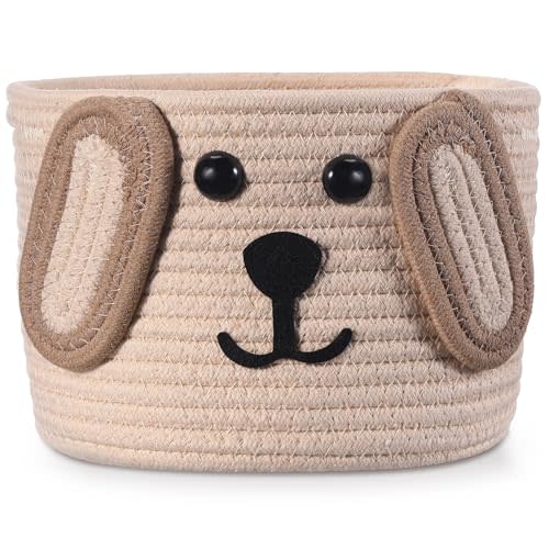 Zopeal Dog Woven Basket, 7.9" D x 6" H Toy Storage Organizer, Dog Mom Gift Empty, Cute Laundry Puppy Gift Animal Basket for Clothes, Towels, Toy, Laundry, Bathroom, Home(Khaki, Beige)