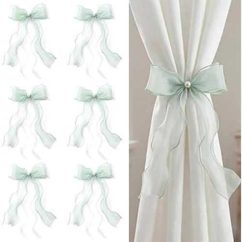 TAMHOO Satin Bow Curtain Tiebacks 6-Pack Clip On Lace Trim Decorative Holdbacks for Sheer Curtains (Sage Green)