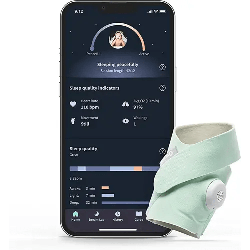 Owlet Dream Sock - Smart Baby Monitor View Heart Rate and Average Oxygen O2 as Sleep Quality Indicators. Wakings, Movement, and Sleep State. Digital Sleep Coach and Sleep Assist Prompts, Mint