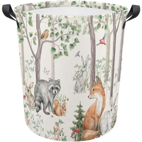 Woodland Animals Laundry Basket,Collapsible Clothes Hamper Waterproof Forest Fox Bear Deer Storage Basket with Handle Kids Room Jungle Deer Laundry Hamper with Drawstring