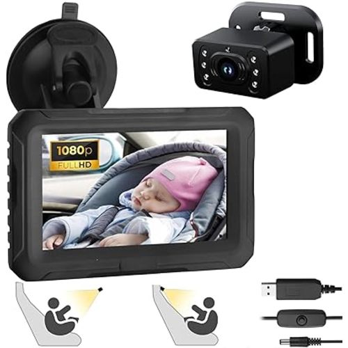 eSynic Baby Car Camera with 4.3 Inch Screen Backseat Baby Monitor 1080P HD Night Vision USB-Powered 360° Rotating Lens 150° Wide Angle 8 LEDs for Baby Car Seat Monitoring Driving Safety