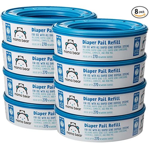 Amazon Brand - Mama Bear Diaper Pail Refills for Diaper Genie Pails, 270 Count (Pack of 8) - Diaper Pail Refills Only