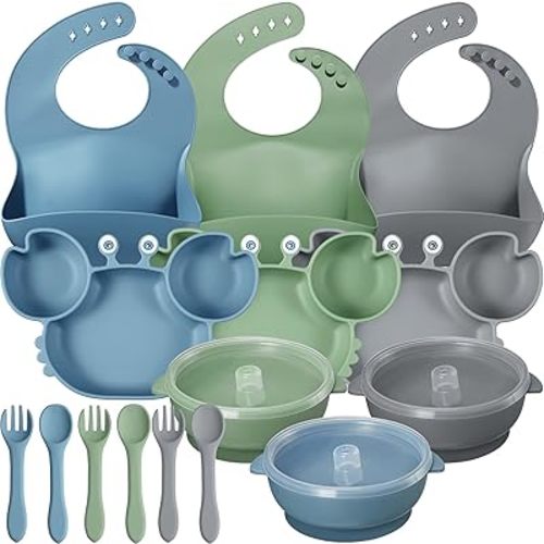 15 Pcs Baby Led Weaning Supplies, Silicone Baby Feeding Set with Crab Shape Divided Plate Adjustable Bib Suction Bowl Soft Spoon Fork, Toddler Self Eating Utensil Set
