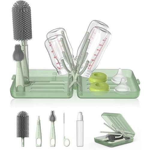 YOTIME Travel Bottle Brush Set, Auto-Open Rack & Vertical Brushs Drying Slots, 3 Brushes, Foldable Drying Rack, Dispenser, Travel Baby Essentials for On-The-Go Parents, Green