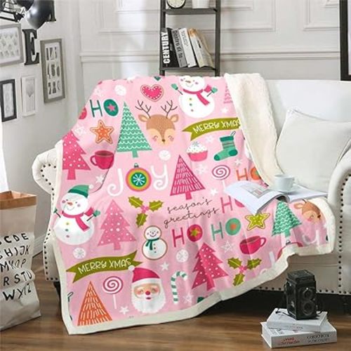 Erosebridal Pink Christmas Throw Blanket - Cartoon Santa Claus Fleece for Kids, Boys, Girls, Women - Snowman Pine Fuzzy Sherpa With Christmas Tree, Cute Deer - Baby Size Xmas Decor