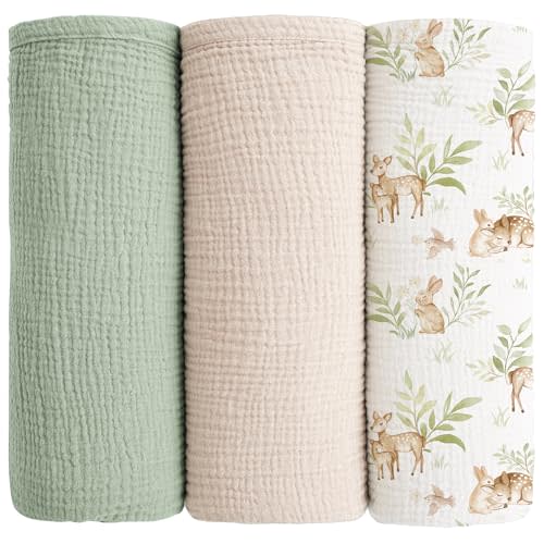 Konssy Muslin Swaddle Blankets for Baby Girls Boys, 3 Pack, Receiving Blanket Large 47 x 47 inches, Soft Breathable Muslin Baby Blanket for Unisex Newborn (Forest Sprite)