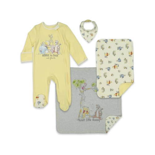 Disney Winnie the Pooh Newborn Baby Boys Sleep N' Play Bib Blanket and Burp Cloth 4 Piece Outfit Set