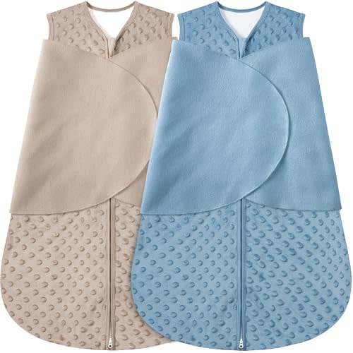 Fleece Newborn Sleep Sack Baby Swaddle,3-Way Adjustable Wearable Blanket,2 Pack Fleece Swaddling Sleeping Bag TOG 2.0, (Brown & Dark Green, 3-6 Months)