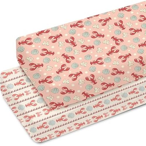 Red Coastal Lobsters Baby Crib Sheets for Boy Girl 28"x52" Lobsters Bows Seashells Soft Snug Fitted Crib Mattress Cover Boho Summer Ocean Baby Sheet for Standard Crib & Toddler Mattress Pad 2 Pack