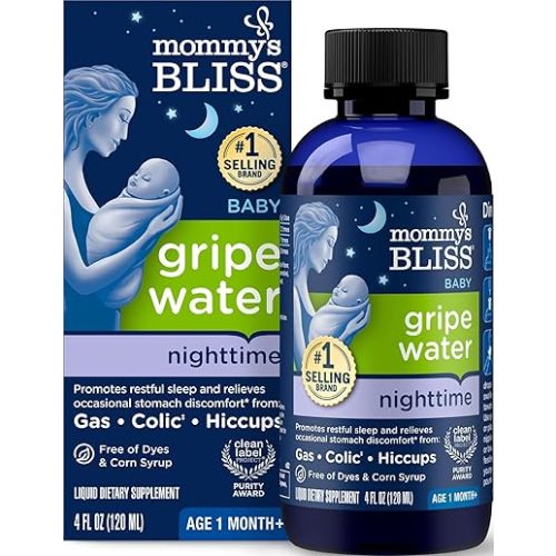 Mommy's Bliss, Bottle, Mommy's Bliss Night Time Gripe Water for Baby's Tummy Trouble - Relieves Occasional Infant Stomach Discomfort from Gas, Colic, Fussiness, Hiccups , 4 Fl Oz