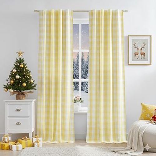 Yellow White Buffalo Plaid Full Blackout Curtains 84 Inches Long,Farmhouse Double-Layer Panels,Darkening Thermal Insulated Window Treatment,Rod Pocket Back Tabs,40" Wx84 Lx2