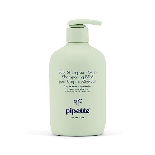 Pipette Baby Shampoo and Body Wash - Fragrance Free, Tear-Free Bath Time, Hypoallergenic, Moisturizing Plant-Derived Squalane, New Formula, 11.8 fl oz - Unscented - 12 Fl Oz (Pack of 1)