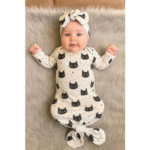 Black Cat Print Baby Knotted Gown Set: Newborn Outfit