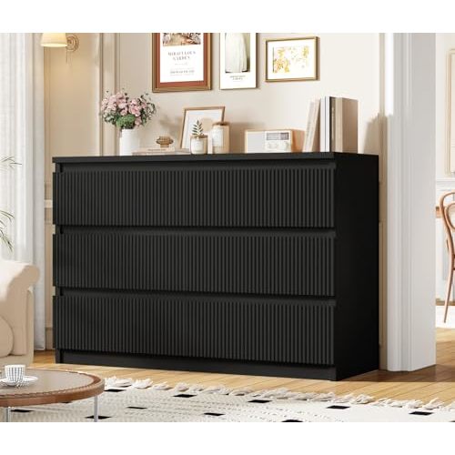 Jocoevol 6 Drawer Dresser Black Modern Fluted Tall Wooden Chest Double Dresser for Bedroom, Living Room, Closet