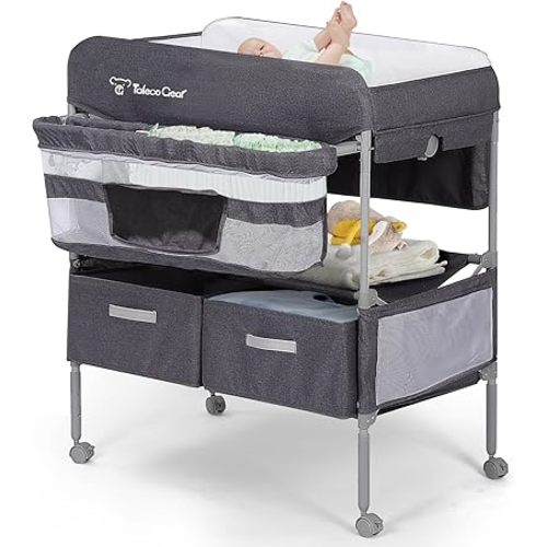 Baby Changing Table, Portable Changing Table with 2 Storage Baskets, Adjustable Heights, Foldable Changing Table Dresser with Soft Waterproof Changing Station for Newborns & Infant