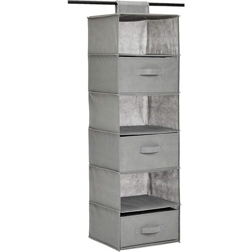 Amazon Basics 6-Tier Hanging Shelf Closet Storage Organizer with Removable Drawers, Grey, 6.9"D x 13.6"W x 12.2"H