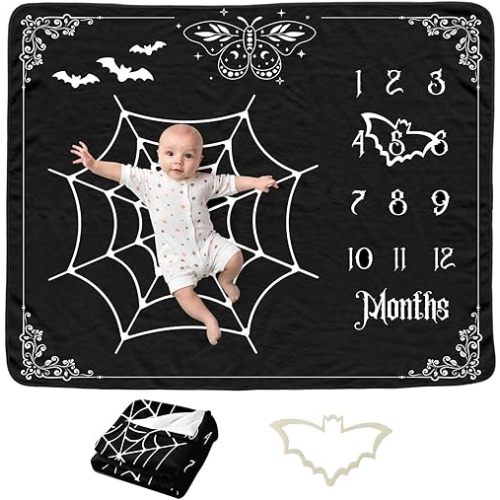 Gothic Baby Monthly Blanket for Boys, Goth Newborn Month Blanket, Soft Flannel Photography Background Prop Blanket, Moth Bat Halloween Personalized Shower Gift, Gothic