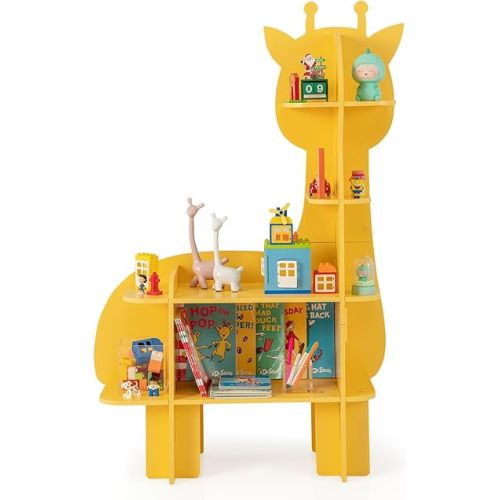 Costzon Giraffe Kids Bookshelf, 4-Tier Toddler Montessori Shelf Book Rack, Toy and Book Storage for Kids, Wooden Children’s Bookcase, Toy Storage Organizer for Kids Room, Playroom, Nursery