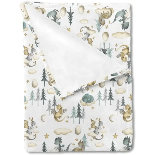 HawSkgFub Cute Dragon Fairy Tale Baby Blanket Boy Shower Gift, Cloud Moon Star Egg Pine Tree Flannel Fleece Nursery Bed Receiving Swaddle, Soft Lightweight Newborn Infant Toddler Crib Bedding 30 x 40