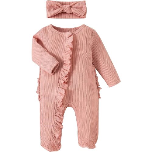 0-3 months MoZiKQin Newborn Baby Girl Ruffle Romper Knit Sweater Onesie Jumpsuit Long Sleeve Zipper Onesie Solid Fall Winter Outfits - Solid Pink Footie+headband - 0-3 Months