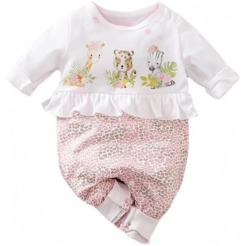 Cute Giraffe + Zebra With Floral Print Long Sleeve Baby Girl Clothes White Jumpsuit For Baby One-Piece Romper