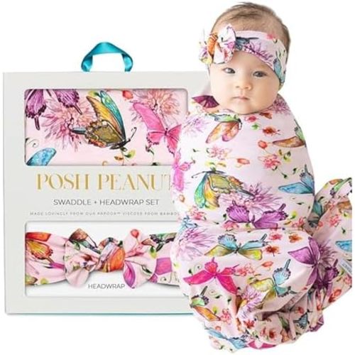 Posh Peanut Baby Swaddle Blanket & Headband - Matching Newborn Girl Swaddle Set, Use As a Receiving Blanket or Nursing Cover