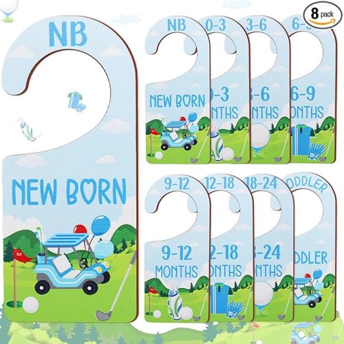 Baby Closet Dividers 8PCS, Golf Themed Wooden Double-Sided Clothes Size Hanger Organizer from Newborn to Toddler for Nursery Decor Baby Shower Birthday Gift Blue & Green