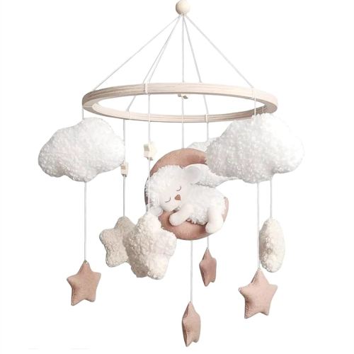 Cute Sheep Mobile for Crib Handmade Beige Dreamy Theme Felt Nursery Decor Crib Mobile for Bassinet Baby Newborn Baby Gift Nursery Decor