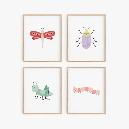Cute children's wall art, Insect illustrations, Digital downloads for nursery - Dragonfly, grasshopper, beetle, and caterpillar printables