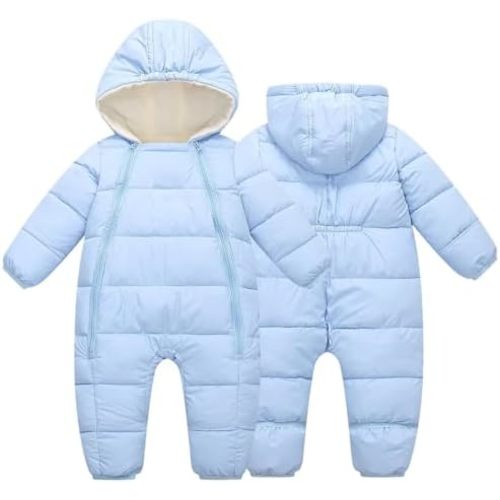 Baby Snowsuit Infant Boys Puffer Jackets Toddler Warm Hooded Coat Winter Jumpsuit Double Zipper Fleece Outfit