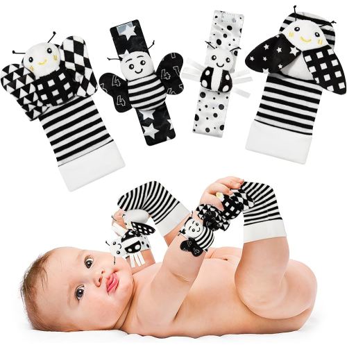 Baby Rattle Cotton Socks and Wrist Rattle Strap Set, Infant Sensory Toys, Black and White