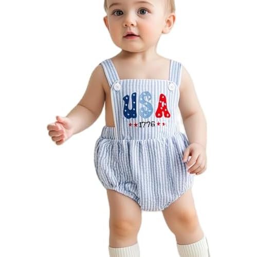 4th of July Baby Boy Outfit Sleeveless Overalls Striped Embroidery USA Romper Bodysuit Infant Patriotic Clothes