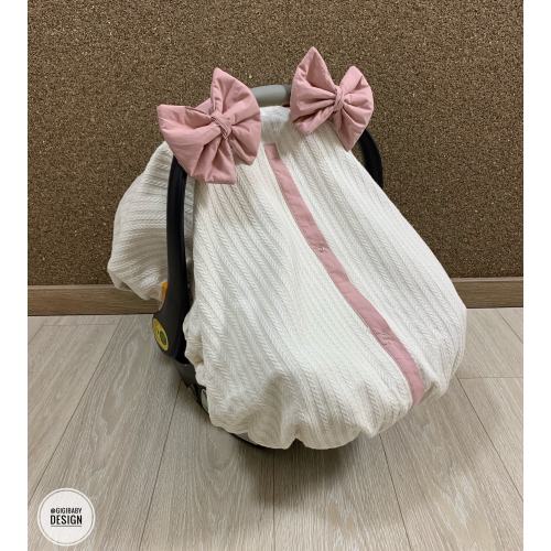 Car Seat Canopy Cover with Elastic Skirt for Baby Girl Cream Pique and Lining with Blush Bows, Personalized Car Seat Cover