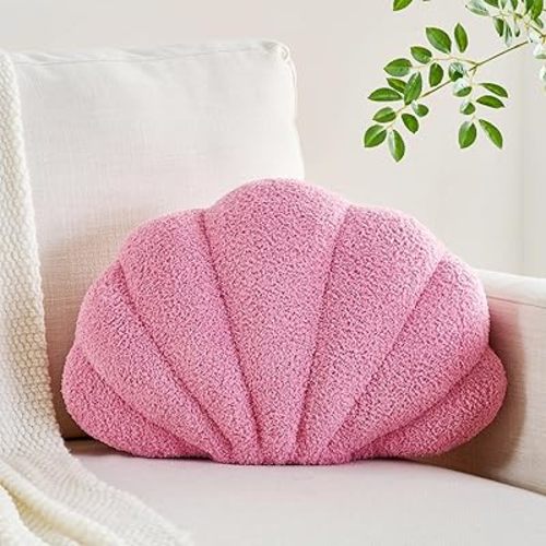 Shell Pillow Seashell Decorative Pillow Pink Beachy Coastal Shell Shaped Throw Pillows 13x10 Inch Soft Ocean Beach Sea Shell Plush Pillows Cushion for Bed Couch Living Sofa Room Decor