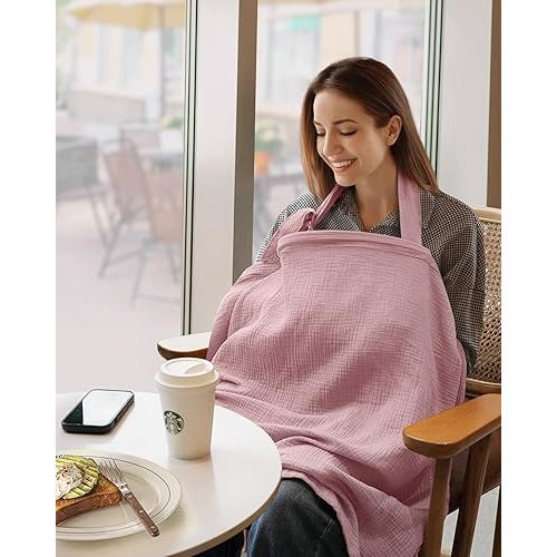 Blissful Diary Muslin Nursing Cover for Breastfeeding, Breathable Breastfeeding Cover up with Arch Neckline for Women, Nursing Apron(Blush Pink)