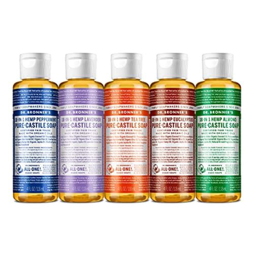 Dr. Bronner's - Pure-Castile Liquid Soap (4 Ounce Variety Pack) Peppermint, Lavender, Tea Tree, Eucalyptus, Almond - Made with Organic Oils, 18-in-1 Uses: Face, Body, Hair, Laundry, Pets & Dishes