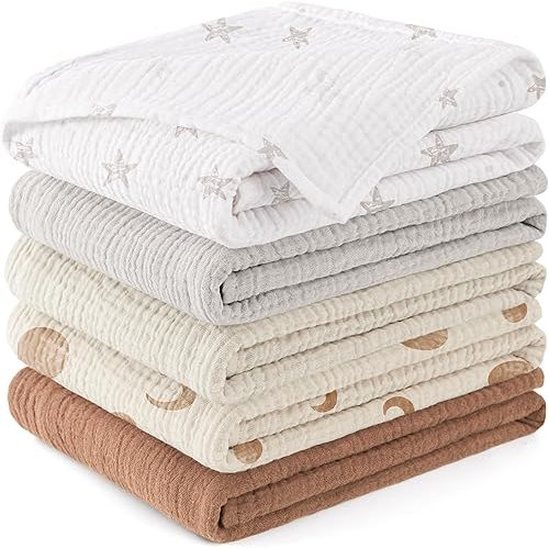 Susurration Muslin Baby Washcloths 23x23inch, Large Ultra-Absorbent 100% Cotton Baby Bath Wash Cloth Burp Cloth Soft Breathable Baby Face Towel for Newborn Baby Boy and Girl, 5Pack (Brown Moon)