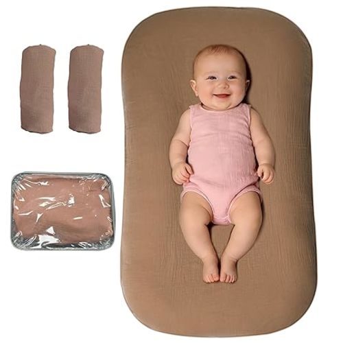 Baby Lounger, Newborn Lounger with Breathable & Soft Cover for Floor, Couch & Travel, 0-24 Months Newborn Babies Essentials Gifts. Brown (2 Cover Included)