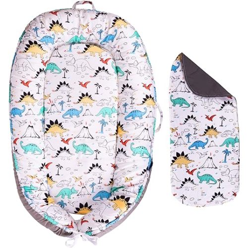 Baby Lounger - Infant & Newborn Lounger with 2-Inch Mattress Pad, Soft Baby Lounger Cover, Waterproof Urine Liner & Pad Cover - Available in 15 Patterns - BL15 Cotton Beige Dinosaurs