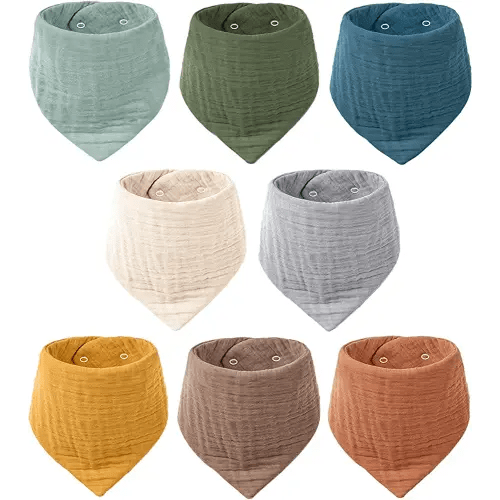 Konssy Muslin Baby Bibs 8 Pack Bandana Drool 100% Cotton for Unisex Baby, Solid Colors Set Teething and Drooling