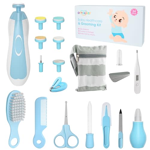 OTTOLIVES Baby Healthcare and Grooming Kit, 24 in 1 Baby Electric Nail Trimmer Set Newborn Nursery Health Care Set for Newborn Infant Toddlers Baby Boys Girls Kids Haircut Tools (0-3 Years+) (Blue)