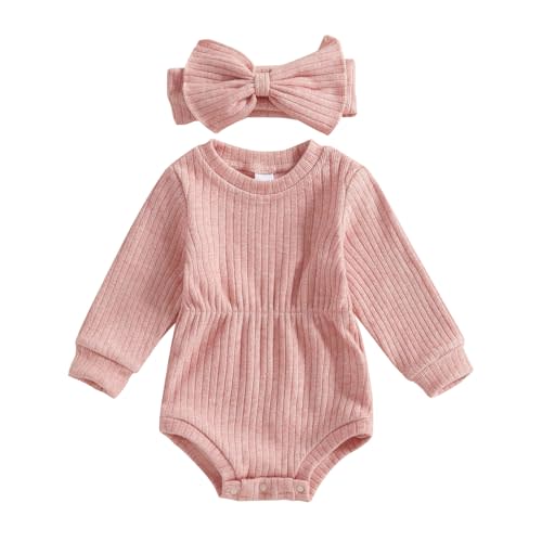 Karwuiio Newborn Baby Girl Fall Outfits Long Sleeve Ribbed Knit Jumpsuit Romper with Headband Infant Clothes Sets