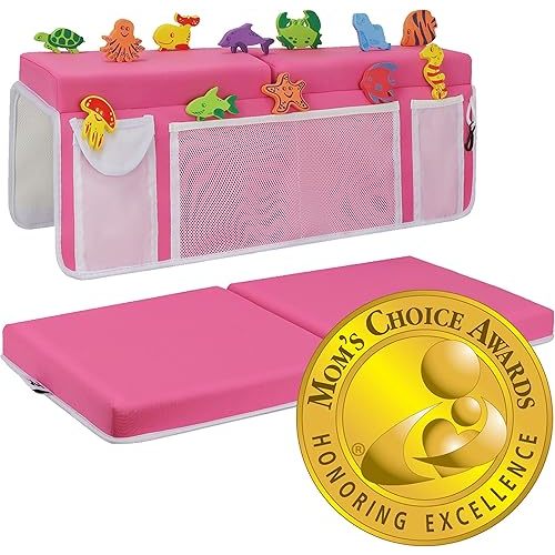 Supa Ant Baby Bath Kneeler and Elbow Rest Pad Set - The Only Certified Extra Thick Bathtub Kneeler with Built-in 5 Pockets Organizer (8-Suction Cup) Bath Kneeling Pad for Bathing Baby (Pink)