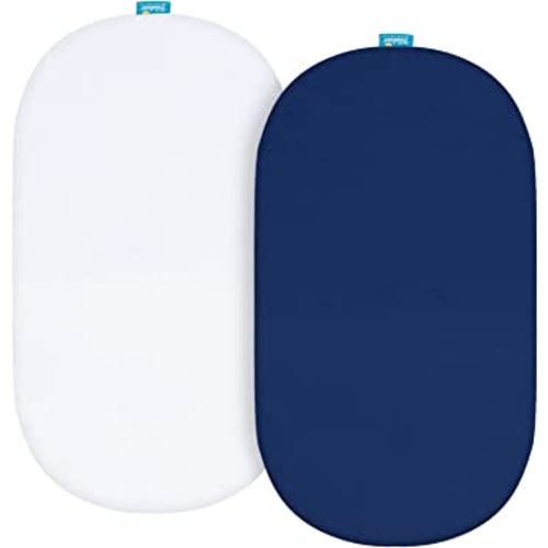 Bassinet Sheets Fit for Rectangle, Hourglass or Oval Bassinet Mattress, Universal Fitted Sheet Set for Various Bassinet Mattress Pad, 2 Pack, Ultra Soft Microfiber Sheets, White & Navy