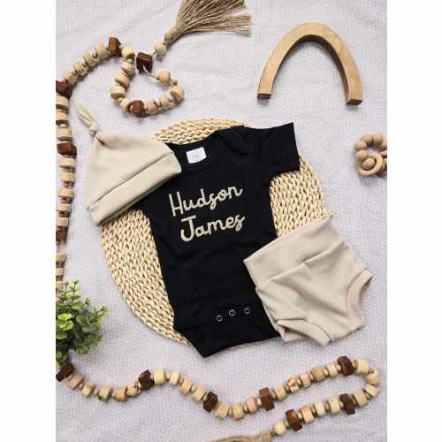 Personalized Baby Boy Outfit | Black Bodysuit Beige Custom Baby Name - – Wonderfully Made