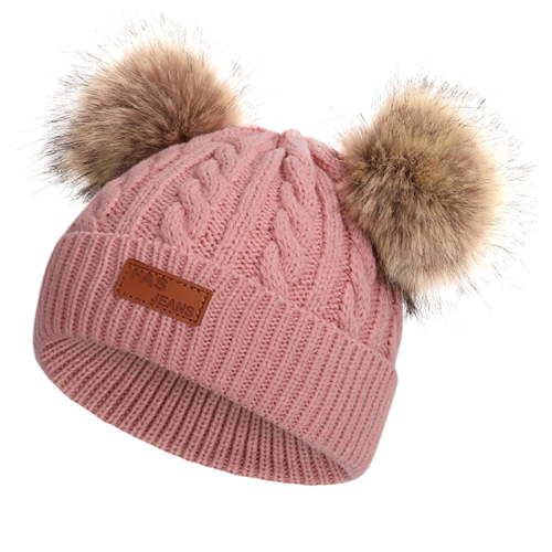 TMOYZQ Toddler Baby Girls Boys Winter Hats with Double Poms, Soft Thick Warm Ribbed Chunky Cable Knit Hats Skull Caps for 1-11 Years Old Kids