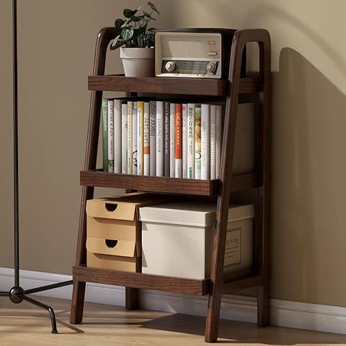100% Solid Oak 3 Tier Ladder Shelf for Saving Space, Small Bookshelf with Stable Frame, Free Standing Short and Low Bookshelf for Living Room Bedroom, (Walnut, 12.6" L x 17.72" W x 31.5" H)