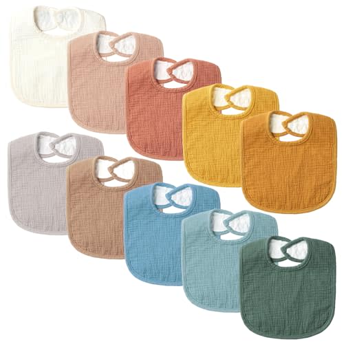 POIKSHARK Set of 10 Muslin Baby Bibs for Unisex Boys and Girls, 10 Solid Colors Set for Drooling and Teething