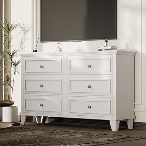 IDEALHOUSE 6 Drawer Dresser, Wooden Storage Chest of Drawers with Exquisite Metal Handles, Large Wide Dresser TV Stand, Modern Drawer Organizer for Bedroom, Living Room, Hallway, Entryway, White
